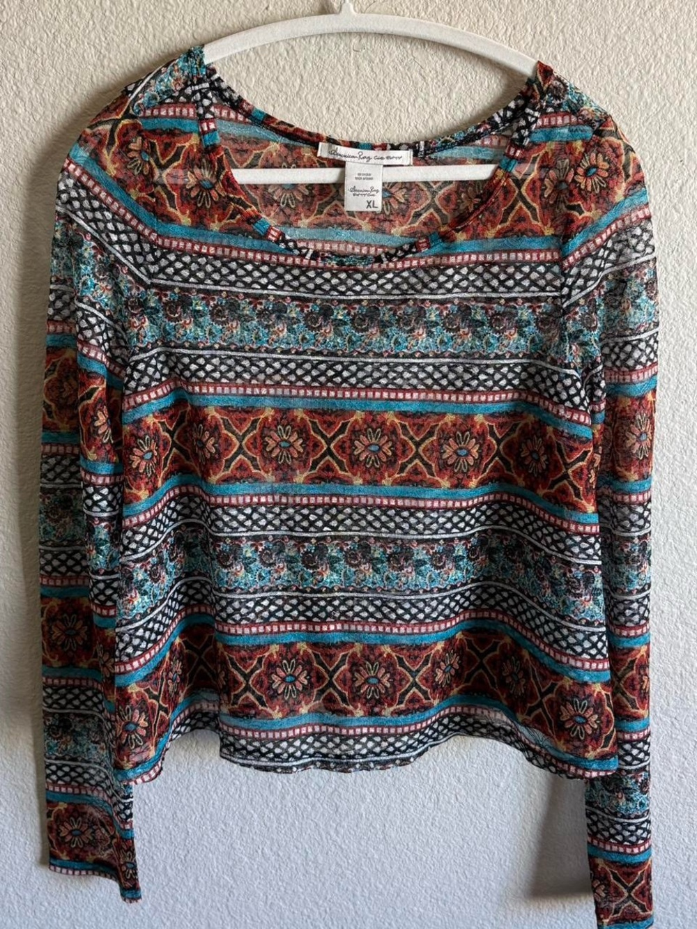 American Rag Long Sleeve Mesh Top Western Aztec Bohemian Desert XL